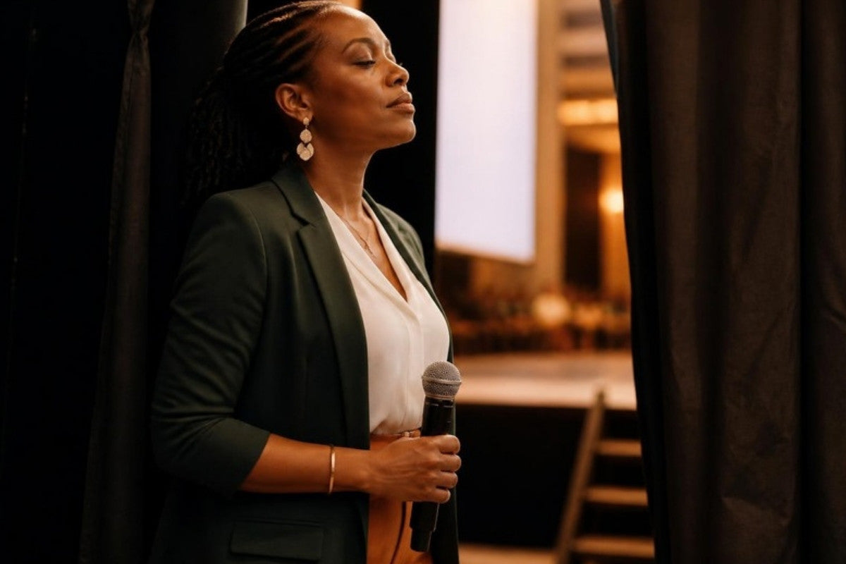 Woman taking a deep breath backstage before stepping on stage - PleaseNotes