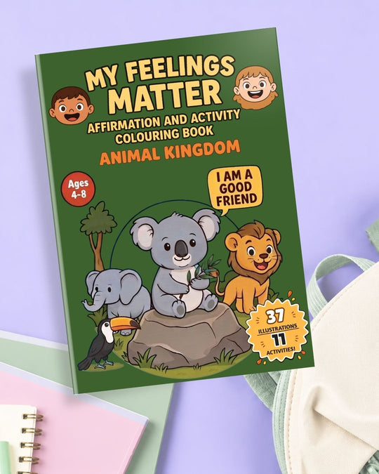 My Feelings Matter Animal Kingdom colouring book on a lavender background with a pink notebook and a cream backpack