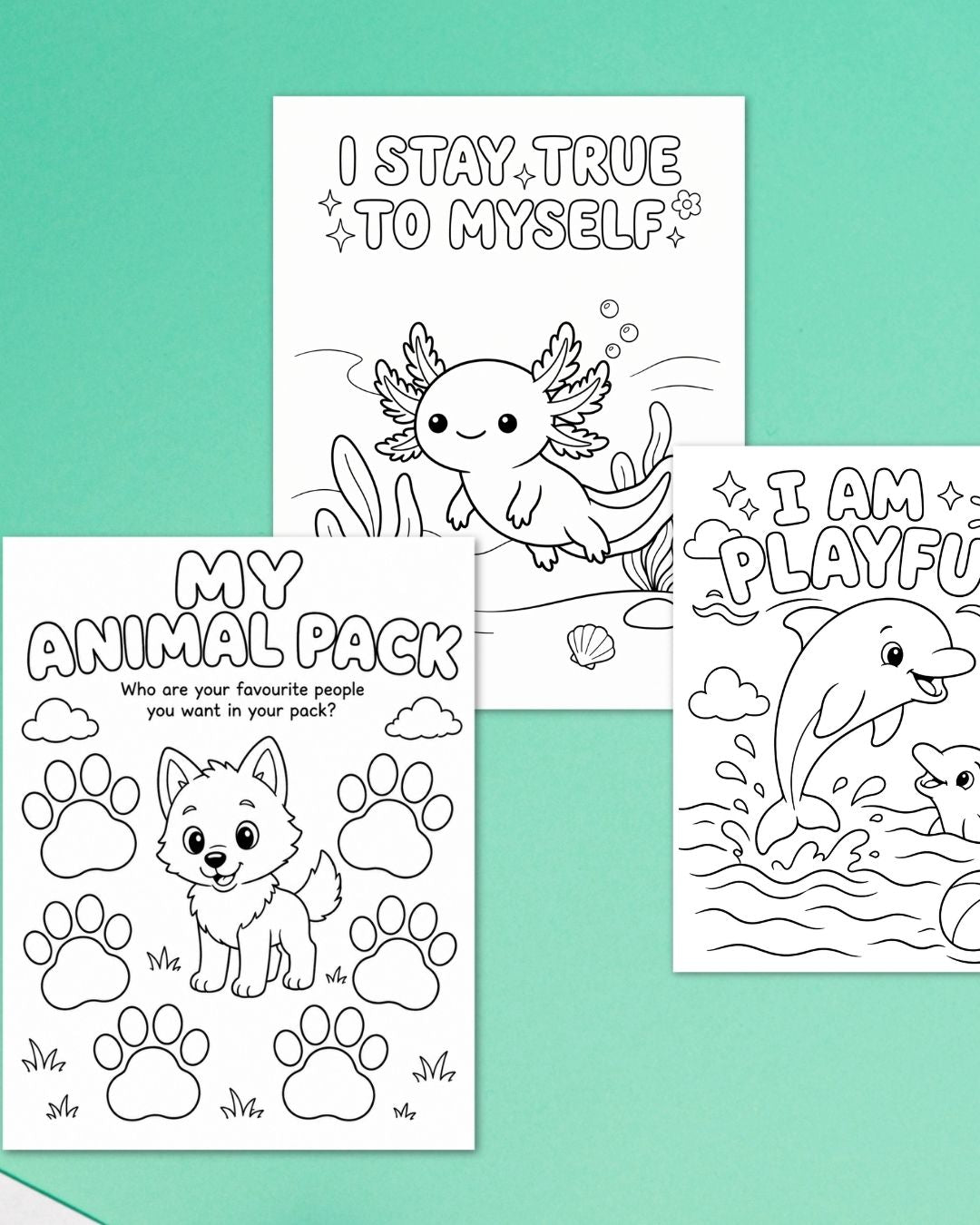 Three Animal Kingdom pages on a mint green background: I stay true to myself with an axolotl, my animal pack activity with a puppy, and I am playful with a dolphin