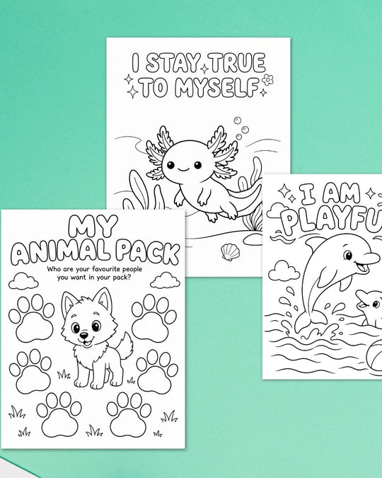 Three Animal Kingdom pages on a mint green background: I stay true to myself with an axolotl, my animal pack activity with a puppy, and I am playful with a dolphin