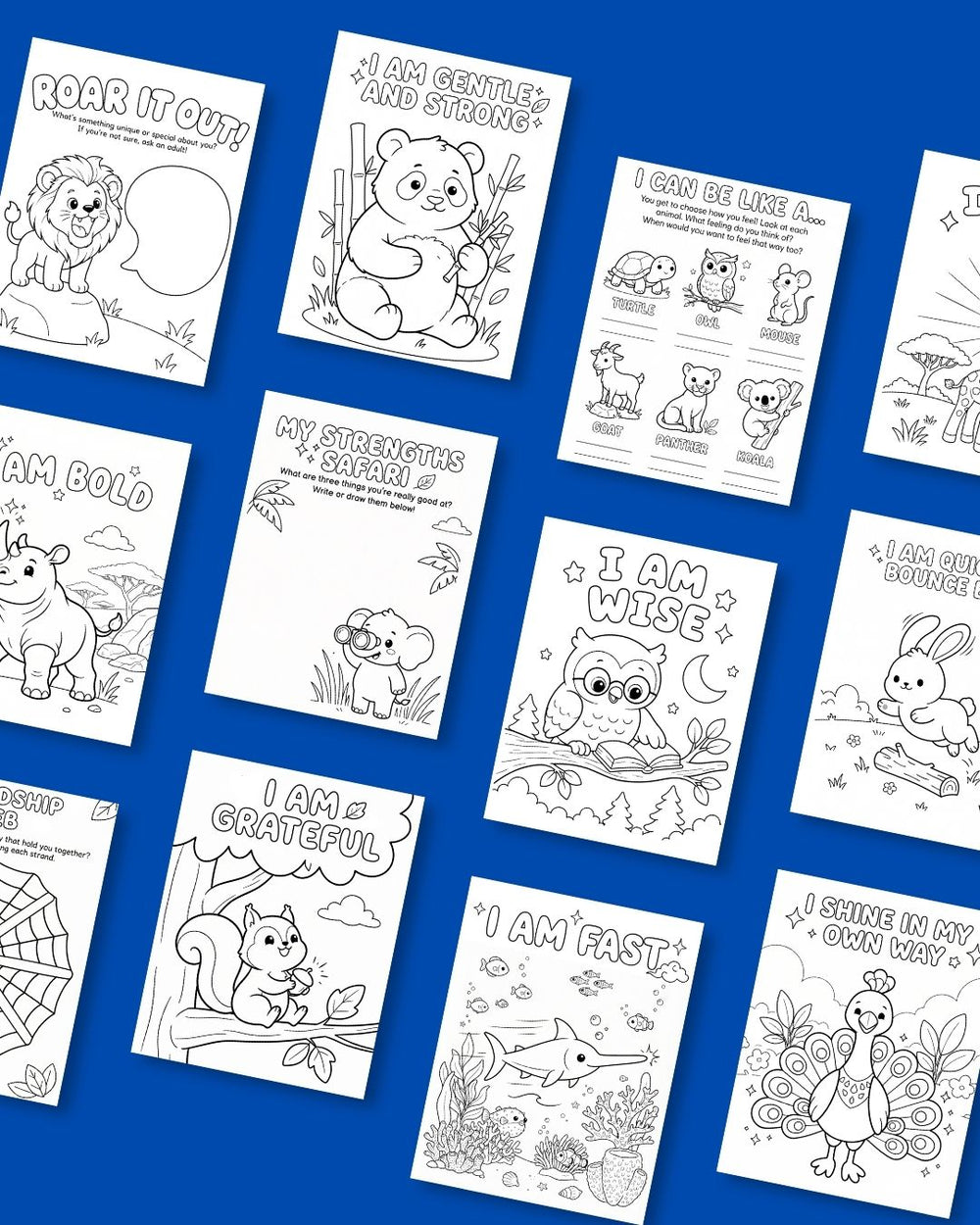 Grid of Animal Kingdom colouring and activity pages including roar it out, my strengths safari, I can be like a, I am wise and I am grateful