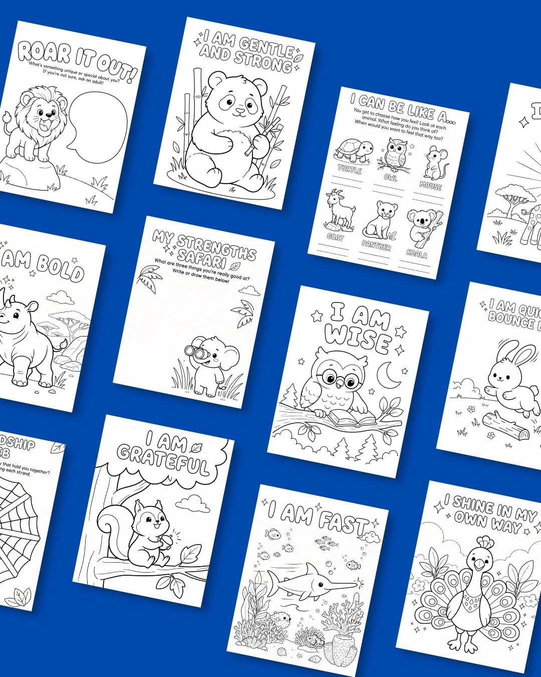 Grid of Animal Kingdom colouring and activity pages including roar it out, my strengths safari, I can be like a, I am wise and I am grateful