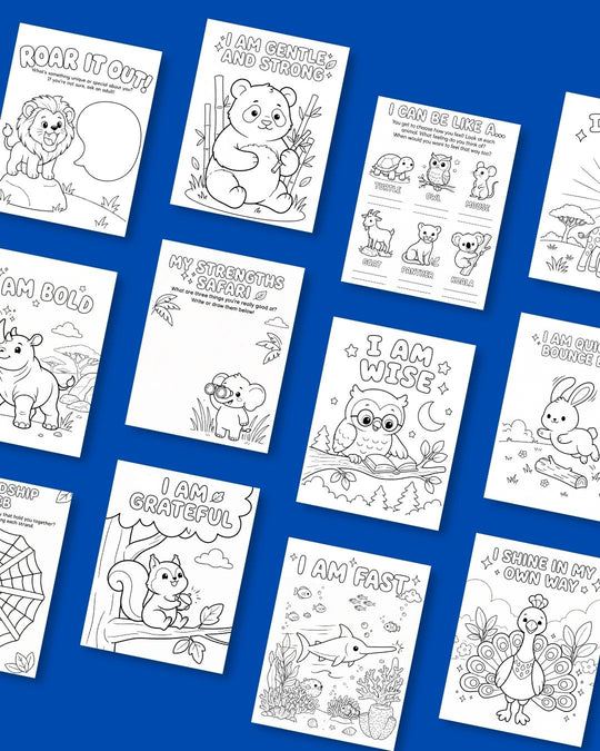 Grid of Animal Kingdom colouring and activity pages including roar it out, my strengths safari, I can be like a, I am wise and I am grateful