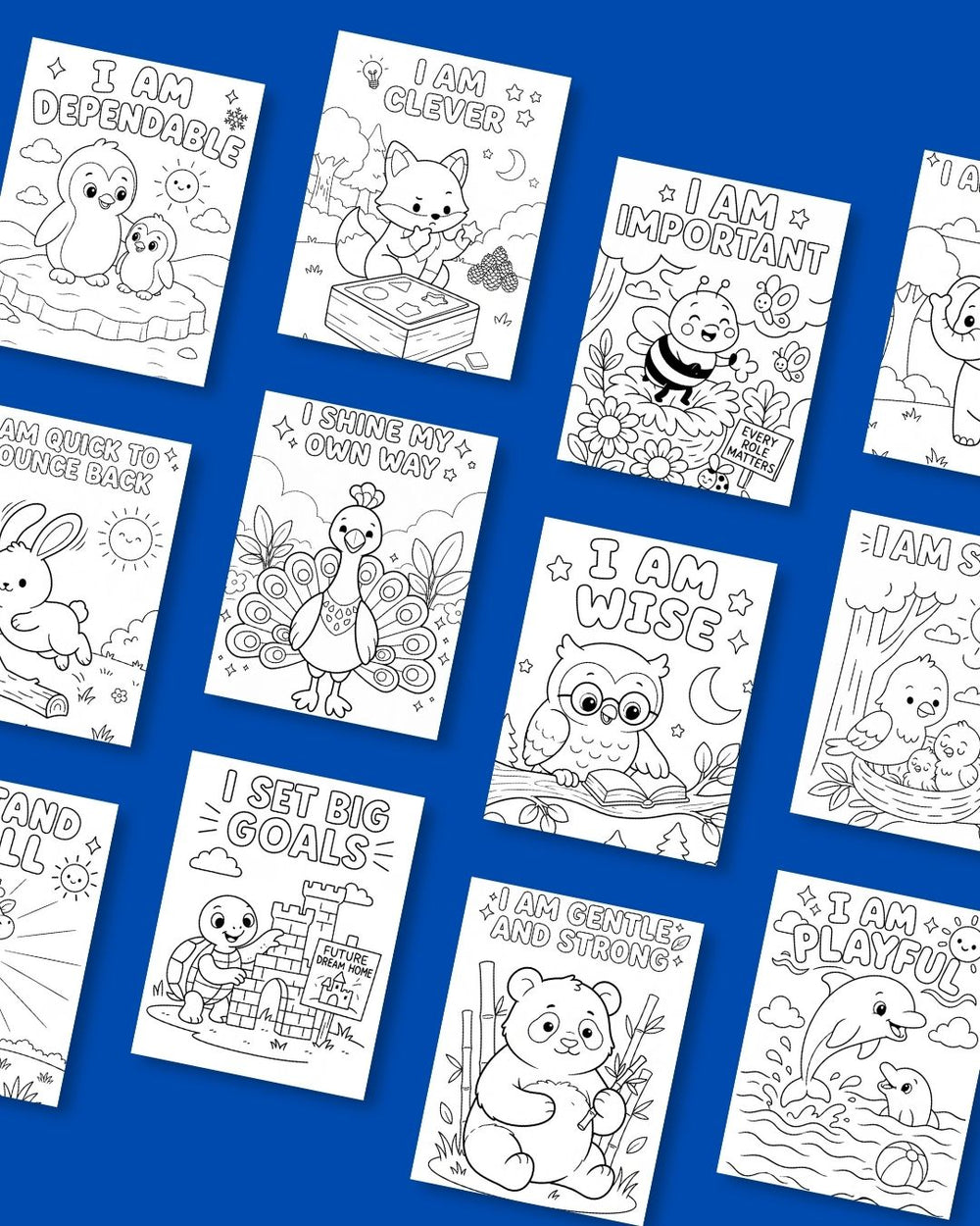 Grid of Bite-Sized colouring pages featuring animals, including I am dependable, I am clever, I am wise, I shine my own way and I am playful