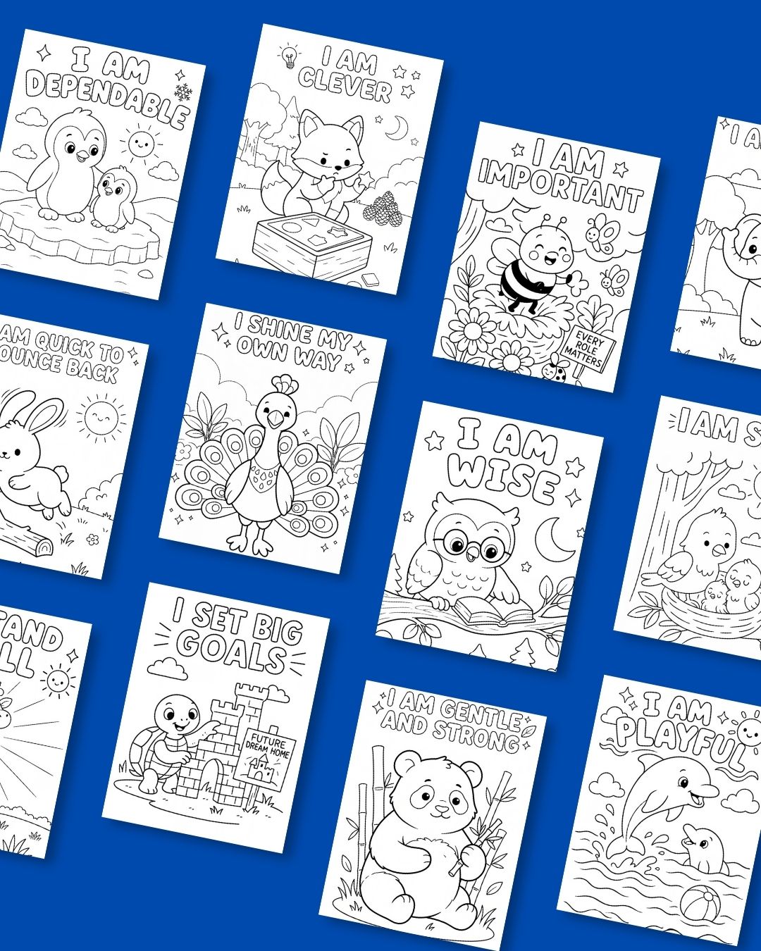 Grid of Bite-Sized colouring pages featuring animals, including I am dependable, I am clever, I am wise, I shine my own way and I am playful