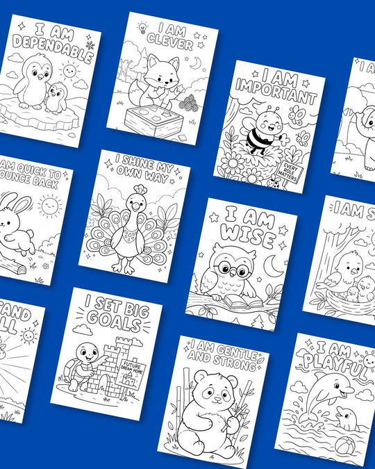 Grid of Bite-Sized colouring pages featuring animals, including I am dependable, I am clever, I am wise, I shine my own way and I am playful
