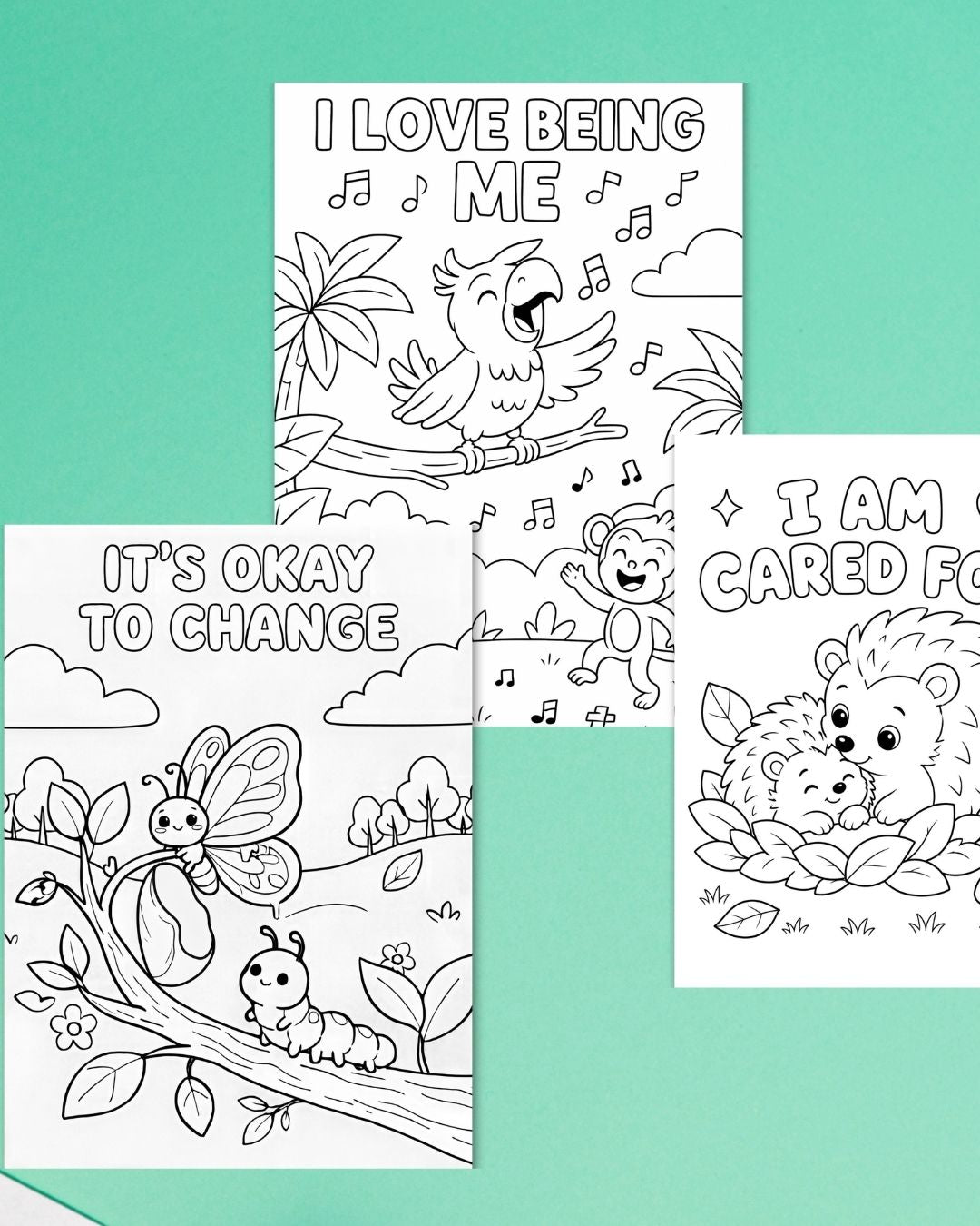 Three Bite-Sized colouring pages on a mint green background: I love being me with a parrot and monkey, it's okay to change with a butterfly and caterpillar, and I am cared for with two hedgehogs