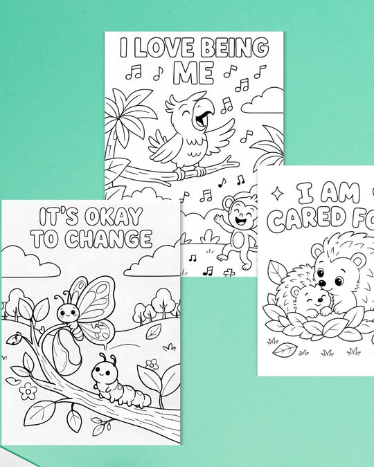 Three Bite-Sized colouring pages on a mint green background: I love being me with a parrot and monkey, it's okay to change with a butterfly and caterpillar, and I am cared for with two hedgehogs