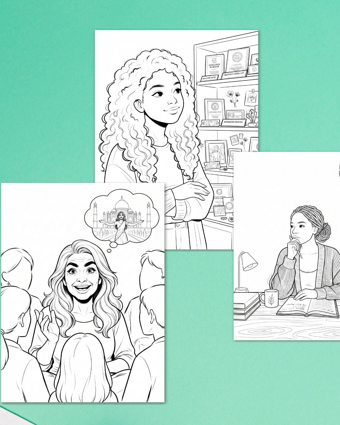 Three Manifest With Me colouring pages on a mint green background: a woman beside a shelf of her achievements, a woman sharing a dream trip with a group, and a woman journaling with a cup of tea