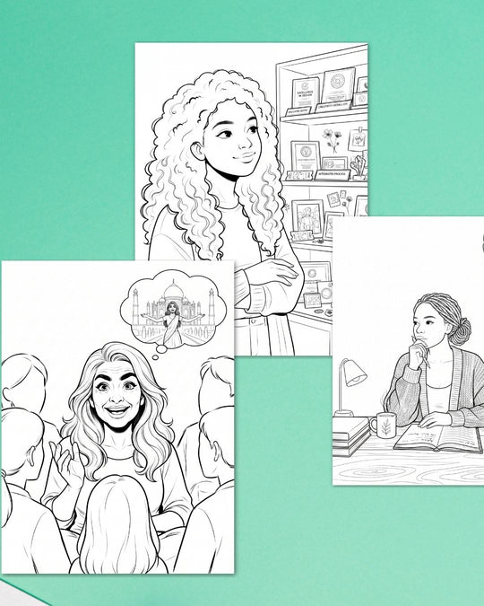 Three Manifest With Me colouring pages on a mint green background: a woman beside a shelf of her achievements, a woman sharing a dream trip with a group, and a woman journaling with a cup of tea