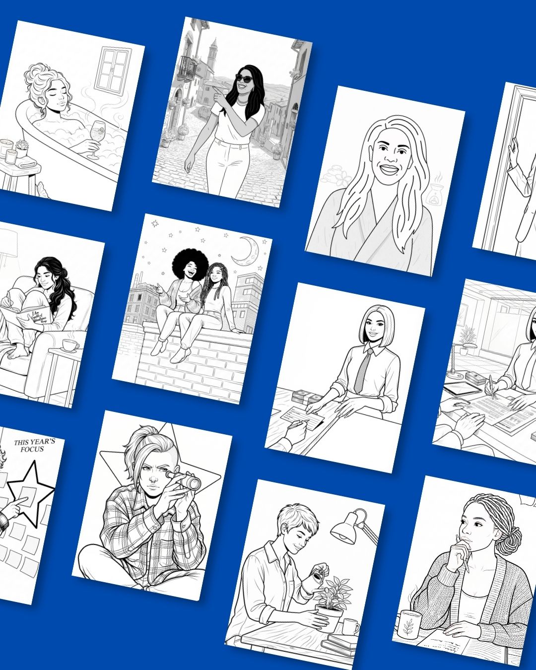 Grid of colouring pages from Manifest With Me showing women bathing, travelling, reading, journaling, gardening and planning their goals