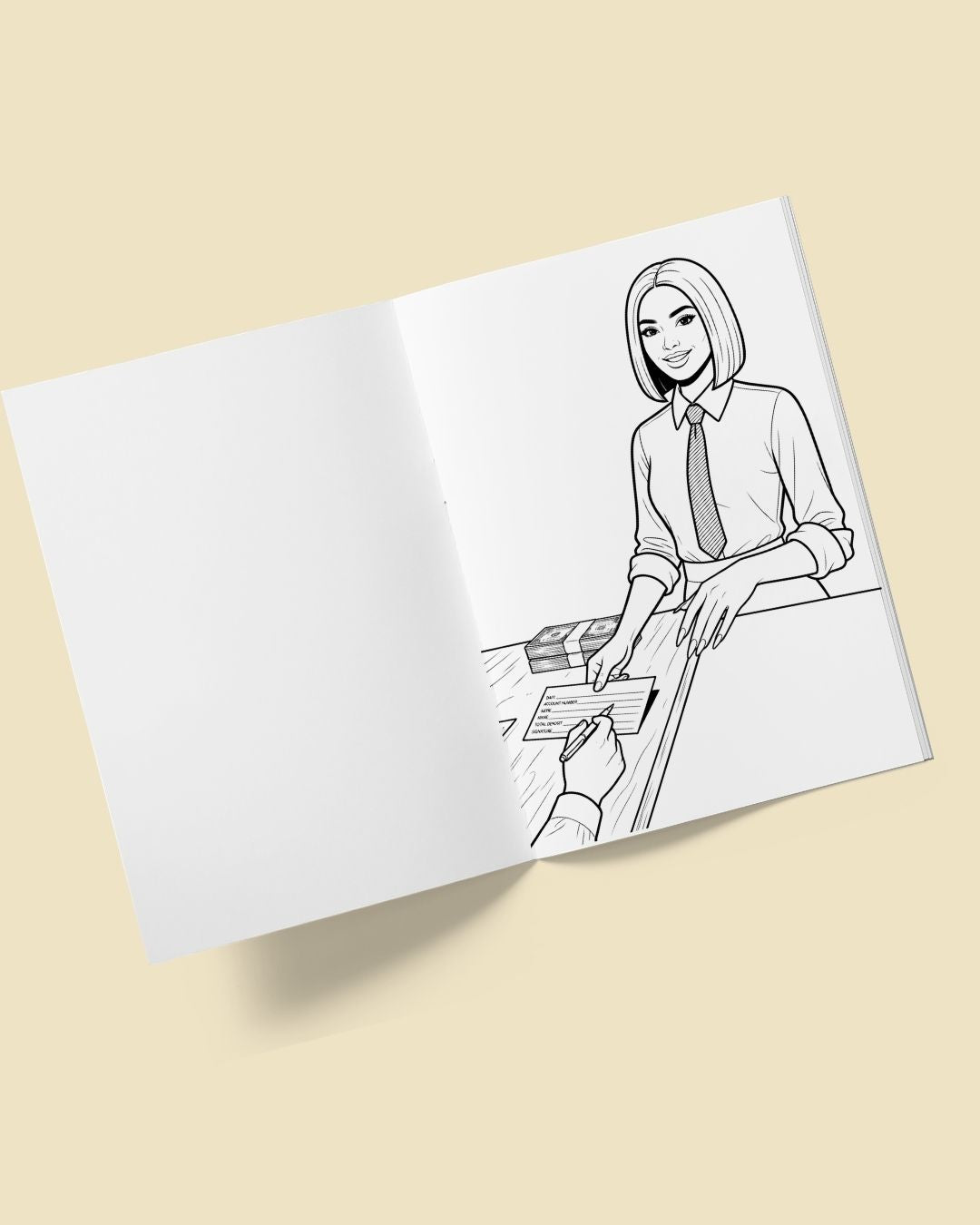 Open Manifest With Me workbook with a blank journaling page beside a colouring page of a smiling bank teller and a hand signing a deposit slip