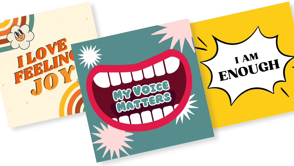 Three colorful cards with motivational phrases on a white background