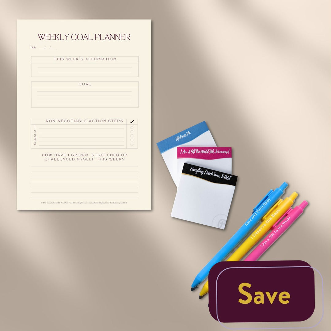Affirmation Gel Pens, Jotter Notebooks and Weekly Goal Planner - PleaseNotes - Bundle