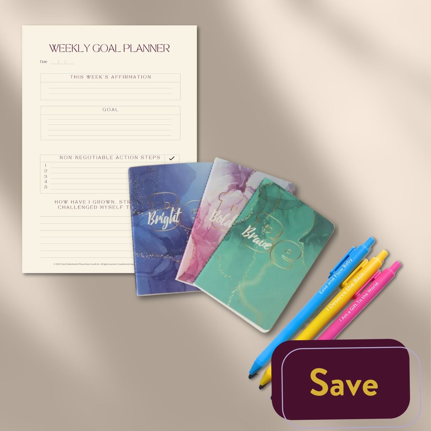 Affirmation Pens, Sticky Notes & Weekly Goal Planner - PleaseNotes - Bundle