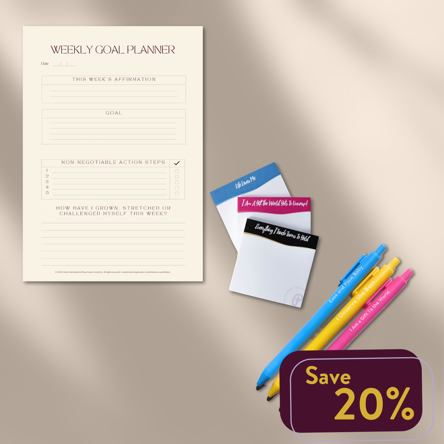Affirmation Pens, Sticky Notes & Weekly Goal Planner - PleaseNotes - Bundle